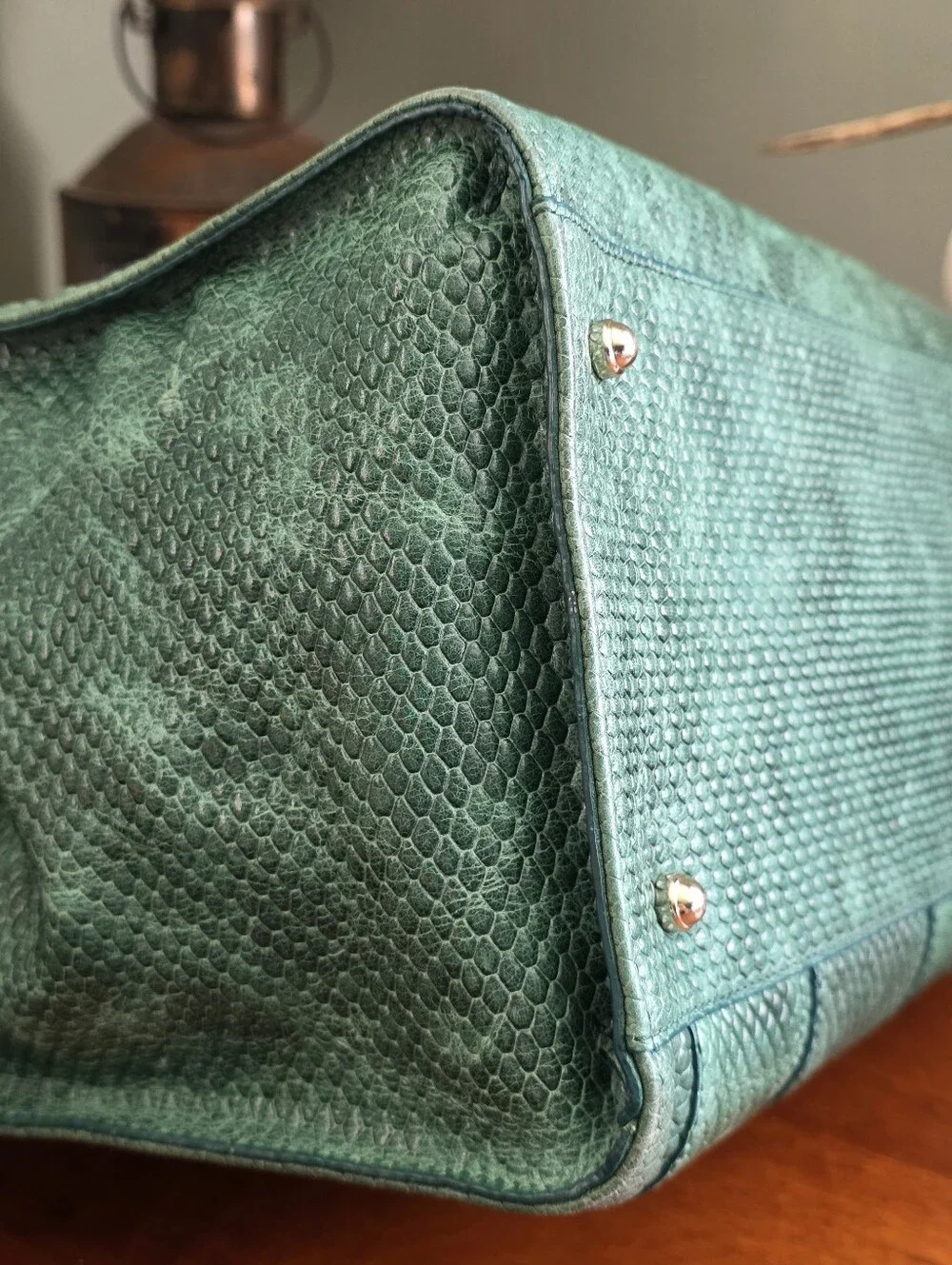 Brahmin Caroline Myrtle Reseda Green Leather Satchel Tote Bag Croc Embossed